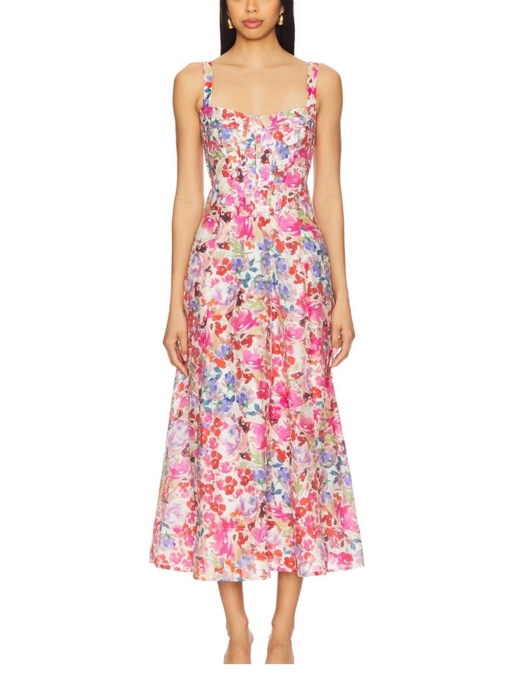 Bardot Floral Midi Dress in Pink & Multicolor